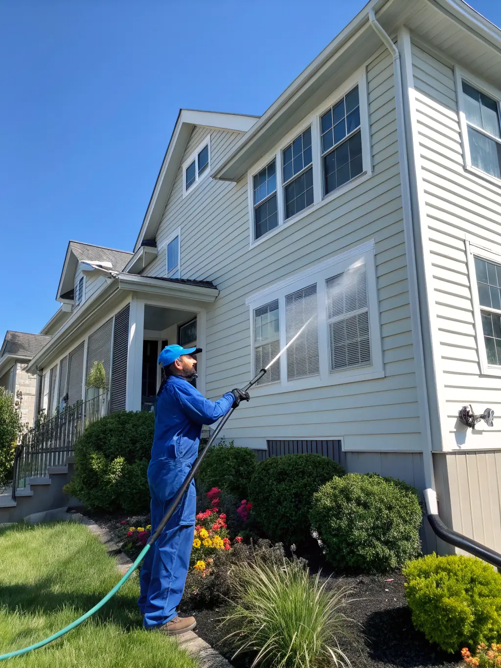 A residential house exterior being power washed, showing the water spraying away dirt and grime, with a clear before-and-after difference visible.