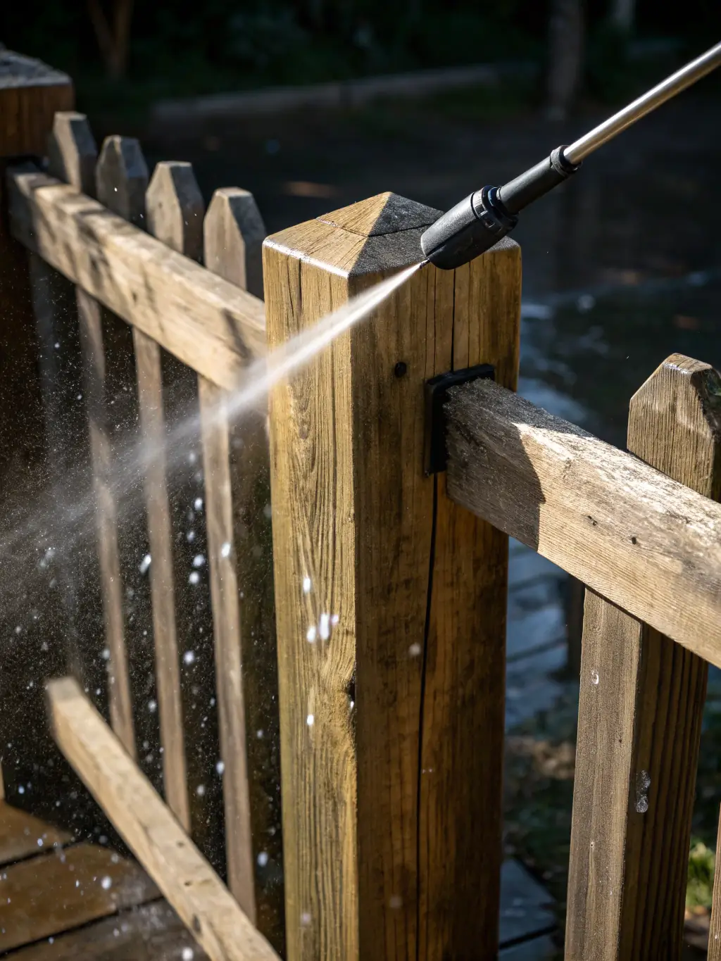 A wooden fence being cleaned, showing the removal of algae and weathering, revealing the fresh wood underneath.