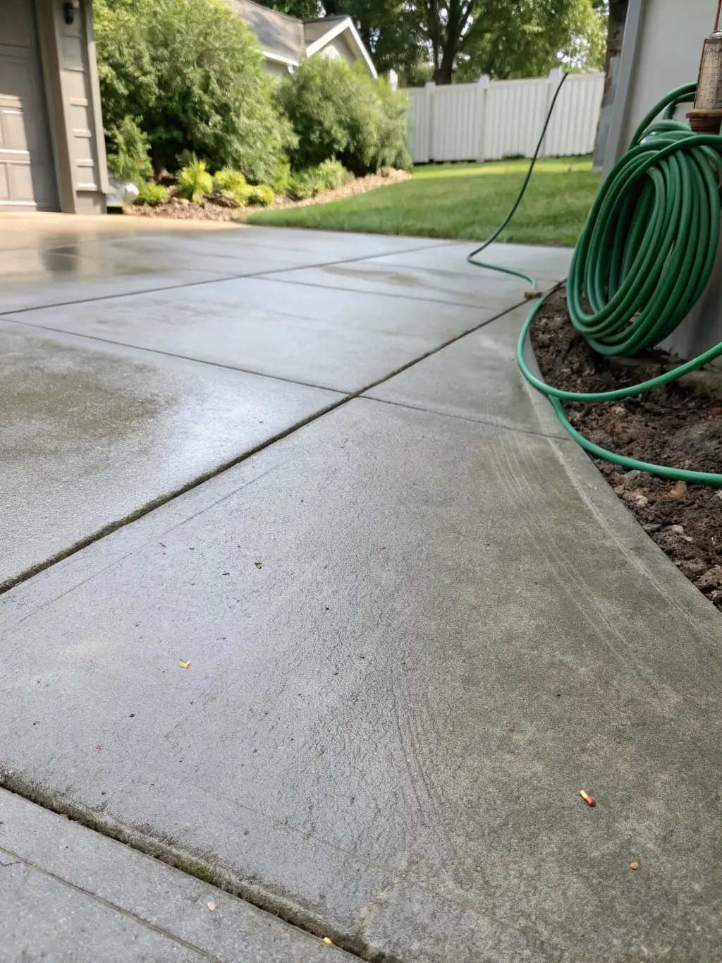 A concrete driveway being cleaned with a power washer, highlighting the removal of stubborn stains and the restoration of the concrete's original color.