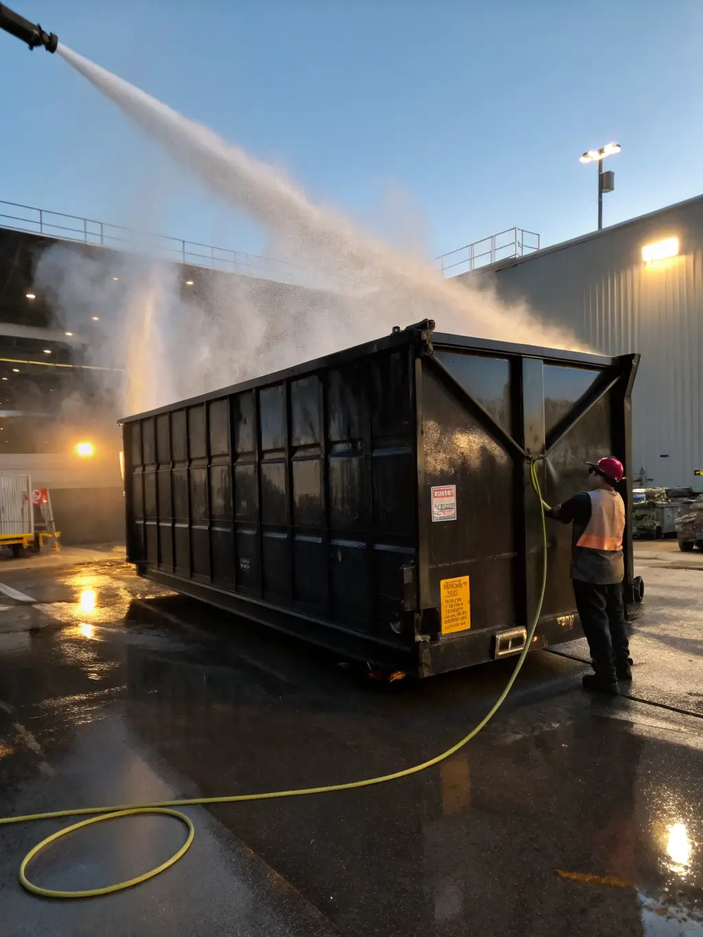 A dumpster pad area being thoroughly cleaned with a power washer, emphasizing the removal of grease, grime, and bacteria.